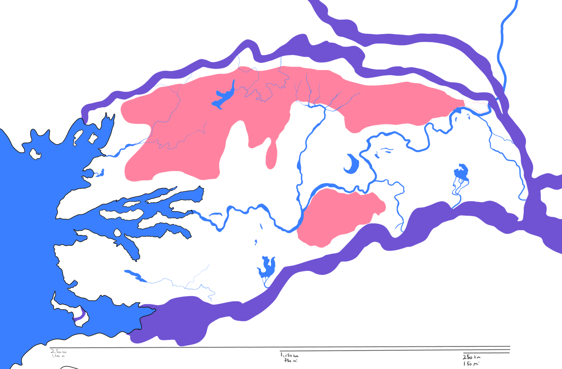 A map of Optera. Most of the north is colored in red, with a smaller area to the south also being red.